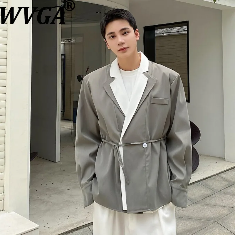 

WVGA Spring Autumn New Men Tide Color-Block Double Collar Trendy Cool Turn-Down Collar Coats Niche Chic Casual Blazer Ins W19976