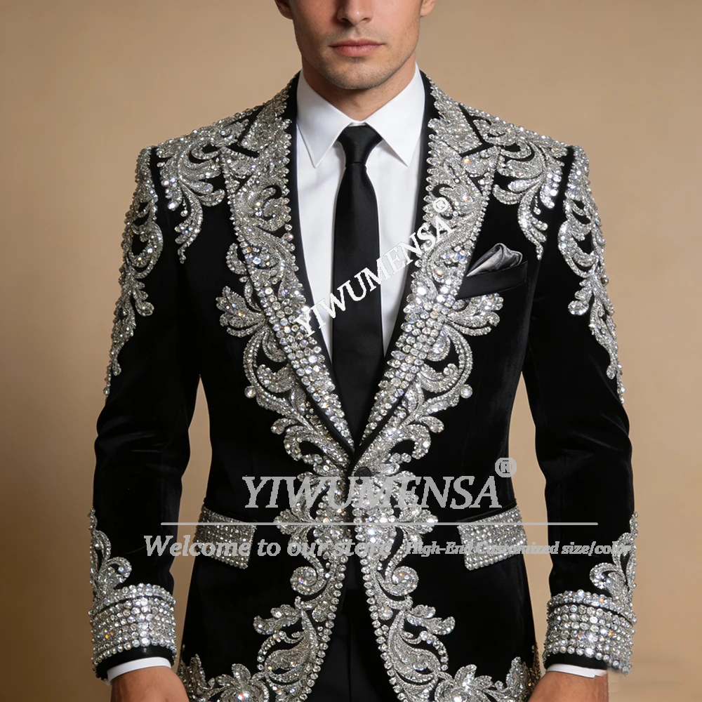 

Glittering Beaded Stones Suit Men Slim Fit Single Breasted Jacket Pants 2 Piece Set Groom Wedding Tuxedos Customized Ropa Hombre