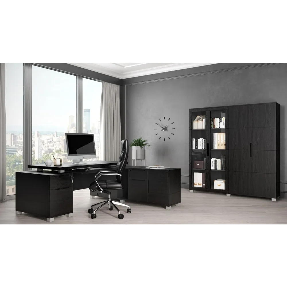 

Modern 79 Inch Ford Executive Desk with Right Return and Filing Cabinet, Lockable Drawers, Shelves, and Open Door CPU Storage