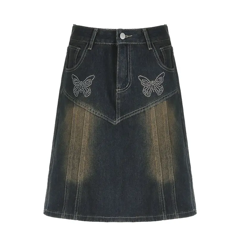 Rok Denim kupu-kupu berlian populer Antik biru lurus wanita Amerika Retro estetika Chic kargo rok Tengah Y2K Streetwear rok