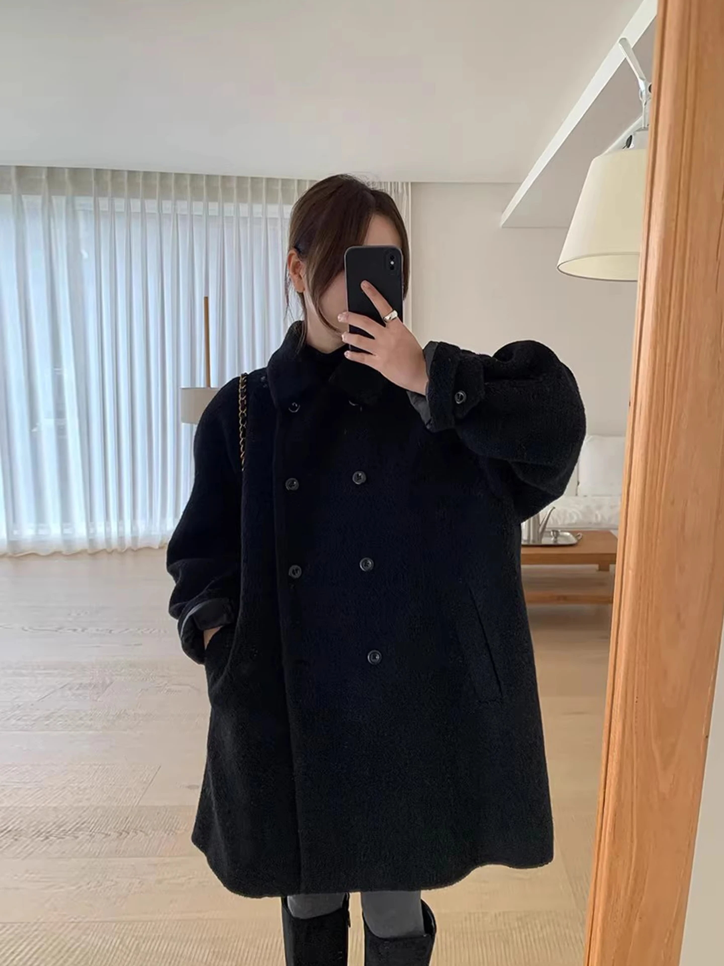 Ele Double-Breasted Thiened Woolen Coat Women's Autumn Winter Loose Versatile Warm Woolen Cloak French Sle Long Sve