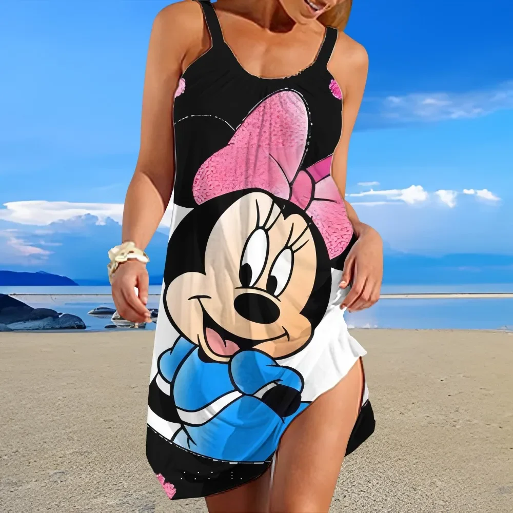

Disney Chic Low Collar Design Sleeveless Knee-length Women's Dress with Cartoon Pattern Summer Comfortable Sexy Suspender Beach
