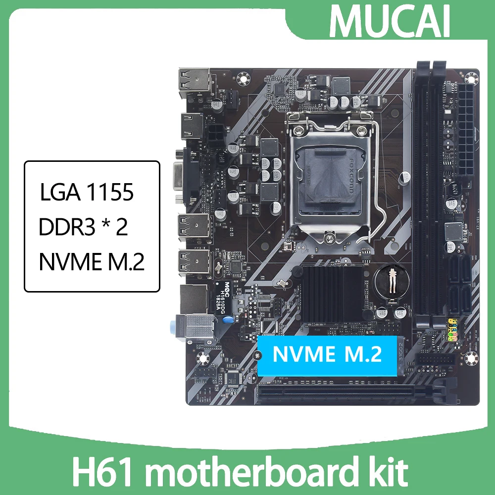 MUCAI 마더보드 LGA 1155 키트, 인텔 코어 CPU 2 세대 및 3 세대와 호환, M.2 NVME SDD 지원, H61 