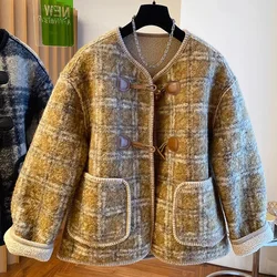 Lamb Wool Coat for Women's Short Winter Version Loose and Thickened Plaid Cotton Jacket Coat Women