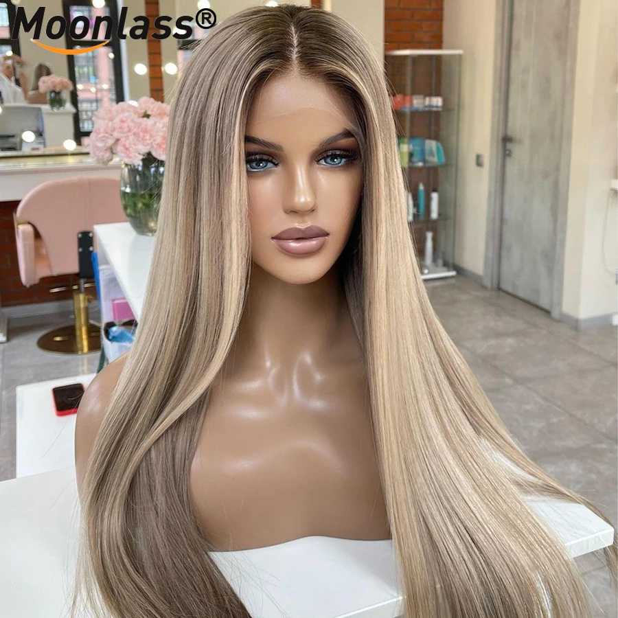 Highlight Ash Blonde Straight Human Hair Wigs 180% Density Preplucked Brazilian Remy Hair Wigs 13x6 Transparent Lace Front Wigs