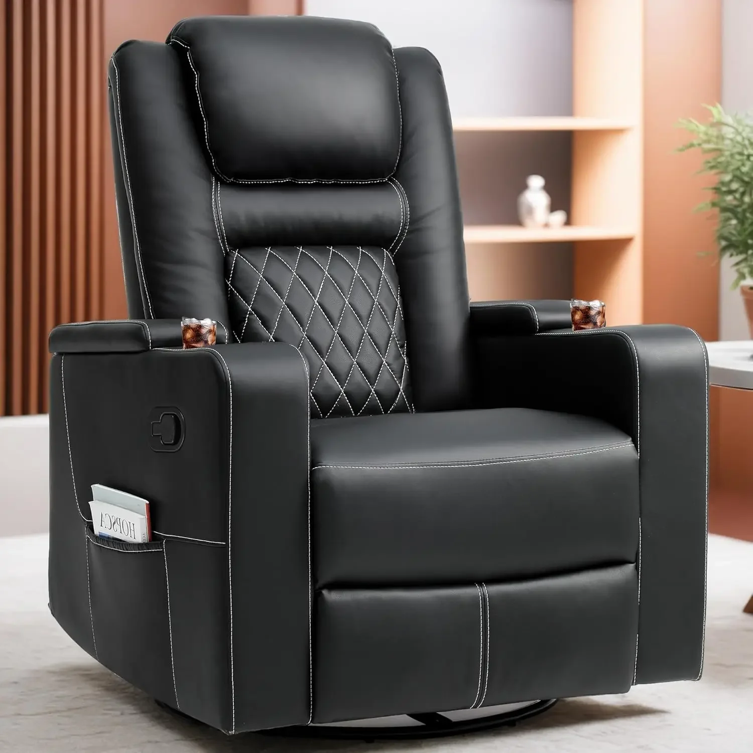 Rocking Recliner with Massage and Heat, Hidden Arm Storage, Faux Leather Rocker Recliner Chairs with Cup Holders, Comfy Home The