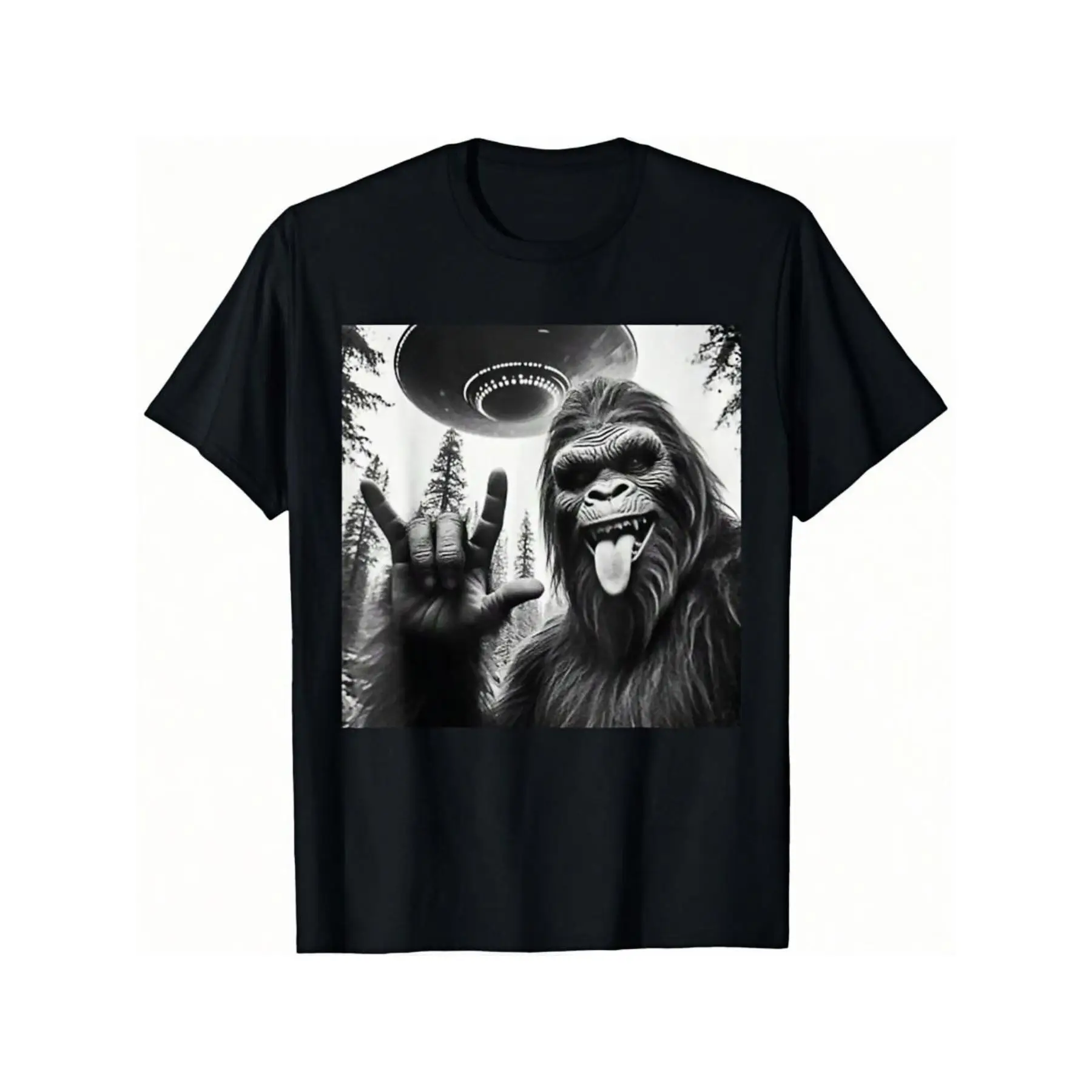 

Funny Bigfoot T-shirt Sasquatch Selfie Graphic Tee Rock and Roll Slogan UFO Alien Unisex Casual Loose Fit Cotton Top