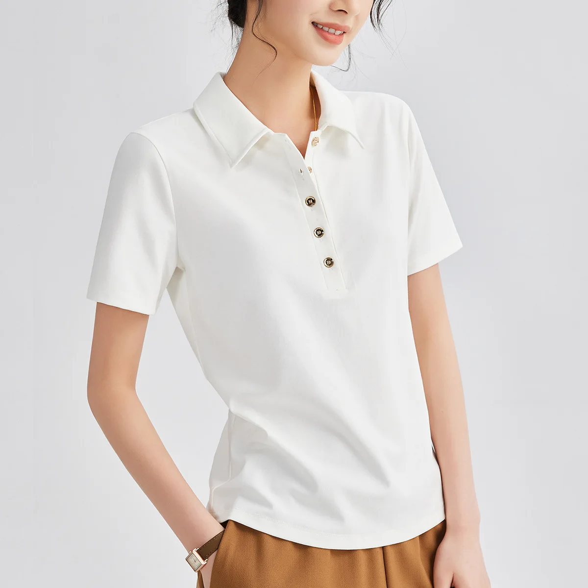 

Polo Shirt Short-sleeved Tops T-shirt Women Clothing Summer 2025 New Solid Casual Button Slim-fit Pullover T-shirt Top