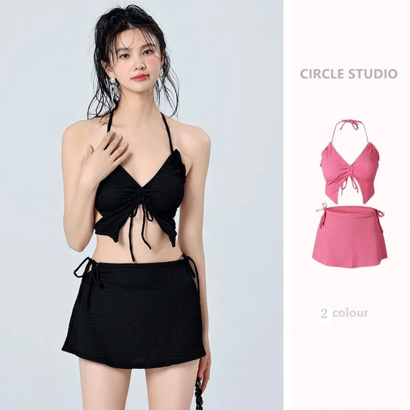 

Отпускной пляж Ins розово-красное бикини, купальник из трех частей, женский купальник с маленькой грудью, знаменитый в Интернете купальник с бабочкой, сексуальная пикантная девушка