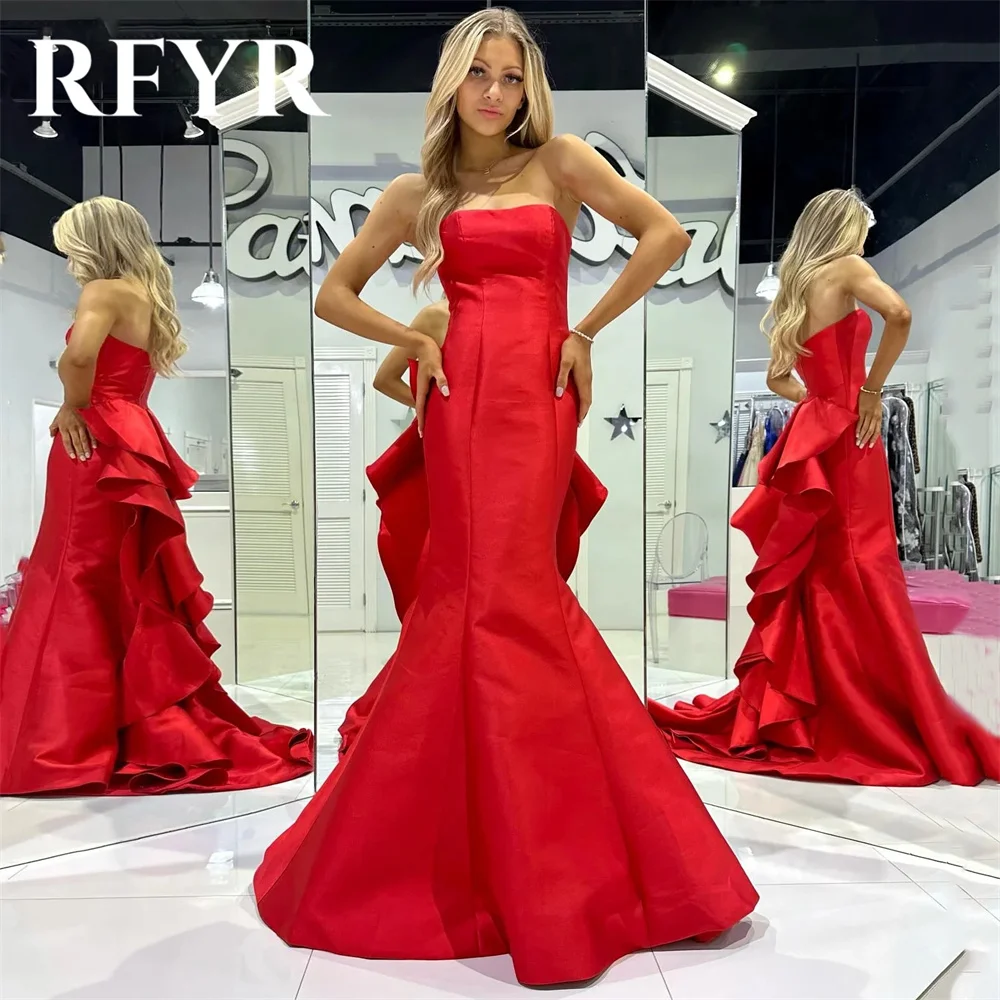 

RFYR Red Mermaid Satin Prom Dress Formal Ruffles Tiered Long Special Party Dress Women Evening Gowns robes de soirée Customized