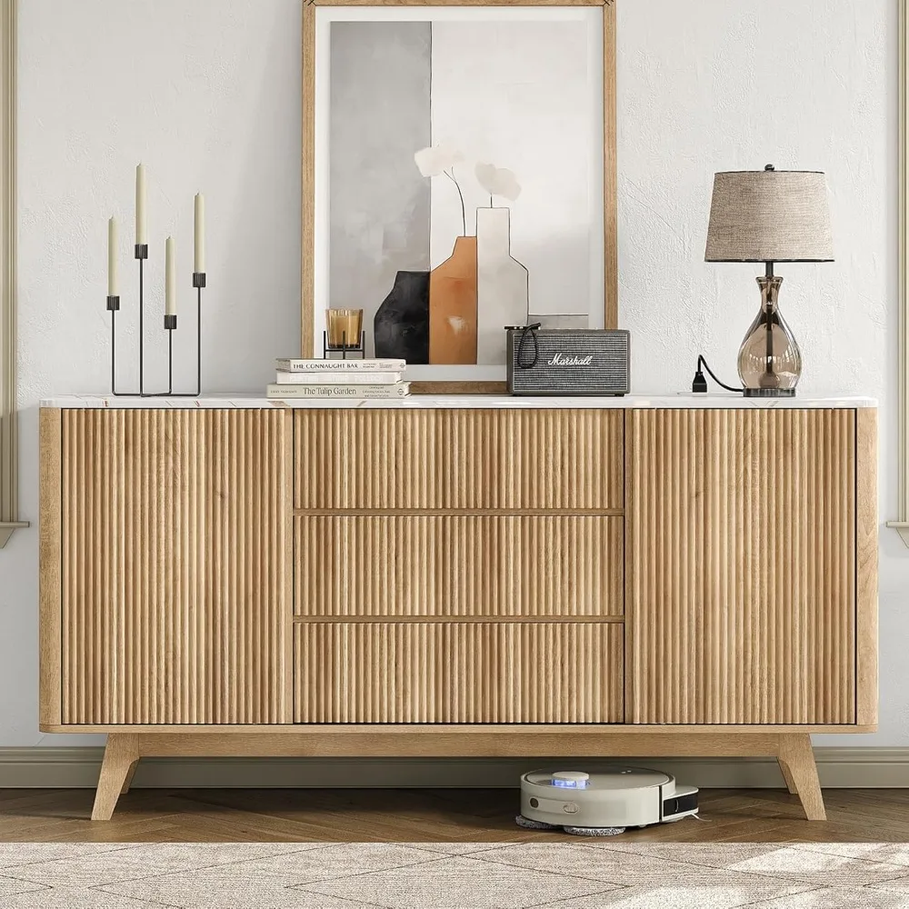 

62" W Fluted Buffet Cabinet with Sliding Doors,with Power Outlet & 3 Drawers, Modern Sideboard Storage Cabinet
