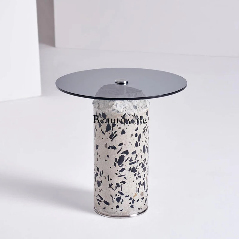 Nordic Minimalism Terrazzo Side Table Bedroom Light Luxury Bedside round Tempered Glass Corner Table