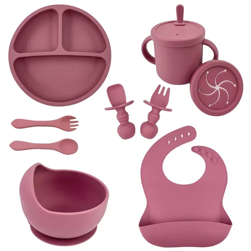 Silicone Baby Feeding Set Suction Bowl Baby Dinning Plate Straw Cup Bibs Spoon Forks for Kids Tableware BPA Free Children Dishes