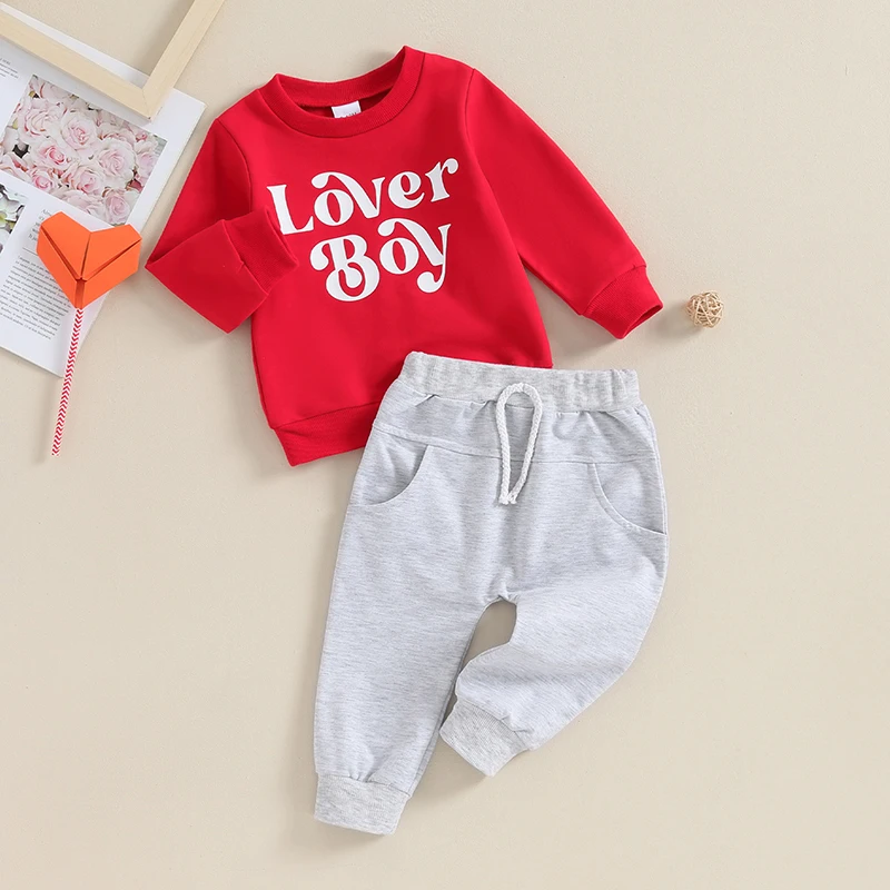 

Valentine s Day Toddler Boys Red Heart Print Long Sleeve Pullover and Elastic Waist Pants Set for a Festive Look