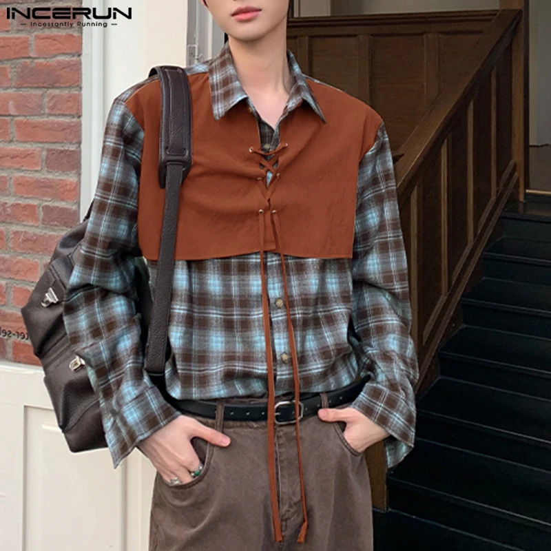 

INCERUN Men Shirt Plaid Patchwork Lapel Long Sleeve Loose Men Clothing Streetwear 2025 Lace Up Button Fashion Male Shirts S-5XL