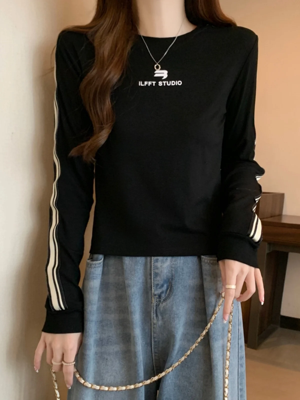 Slimming Short Sleeve Women's Sweatshirt Long Sleeve Base Layer Shirt plus Size Shoulder Width T-shirt Korean Style round Nec...
