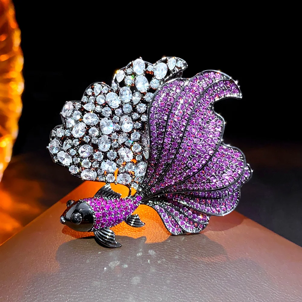 

Lucky Rainbow Gemstone Koi Carp Brooch Full Pink Crystal Goldfish Pin For Wealth Abundance Oriental Gift Unique Ornament Jewelry