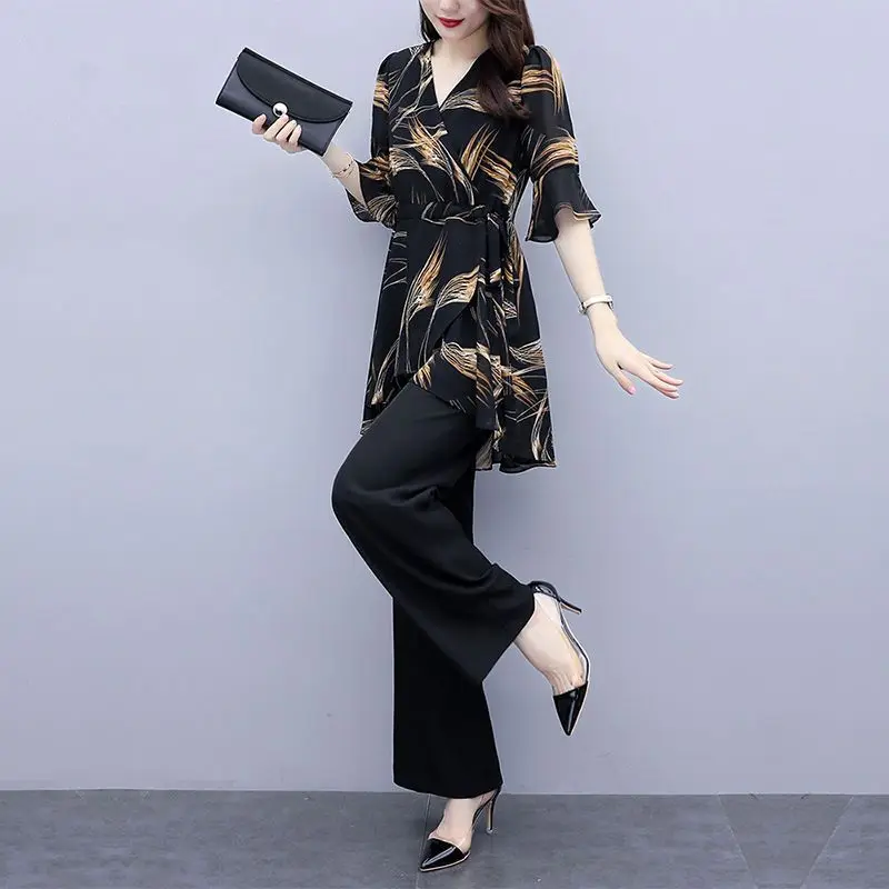 

Женский летний комплект из шифоновой блузки и брюк с широкими штанинами, новинка 2026 года, модный свободный крой, с эффектом утяжки живота, комплект из 2 предметов для повседневной носки, вечеринок и путешествий