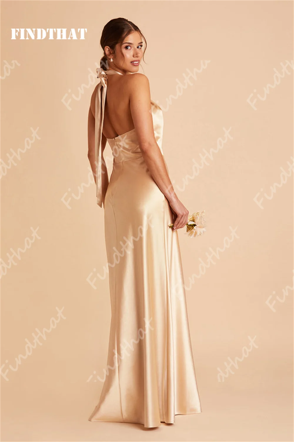 Findque-Simples cetim vestido damas de honra, fenda lateral, sem mangas, Champagne elegante, Evening Party Gown, Wedding Guest Vestidos