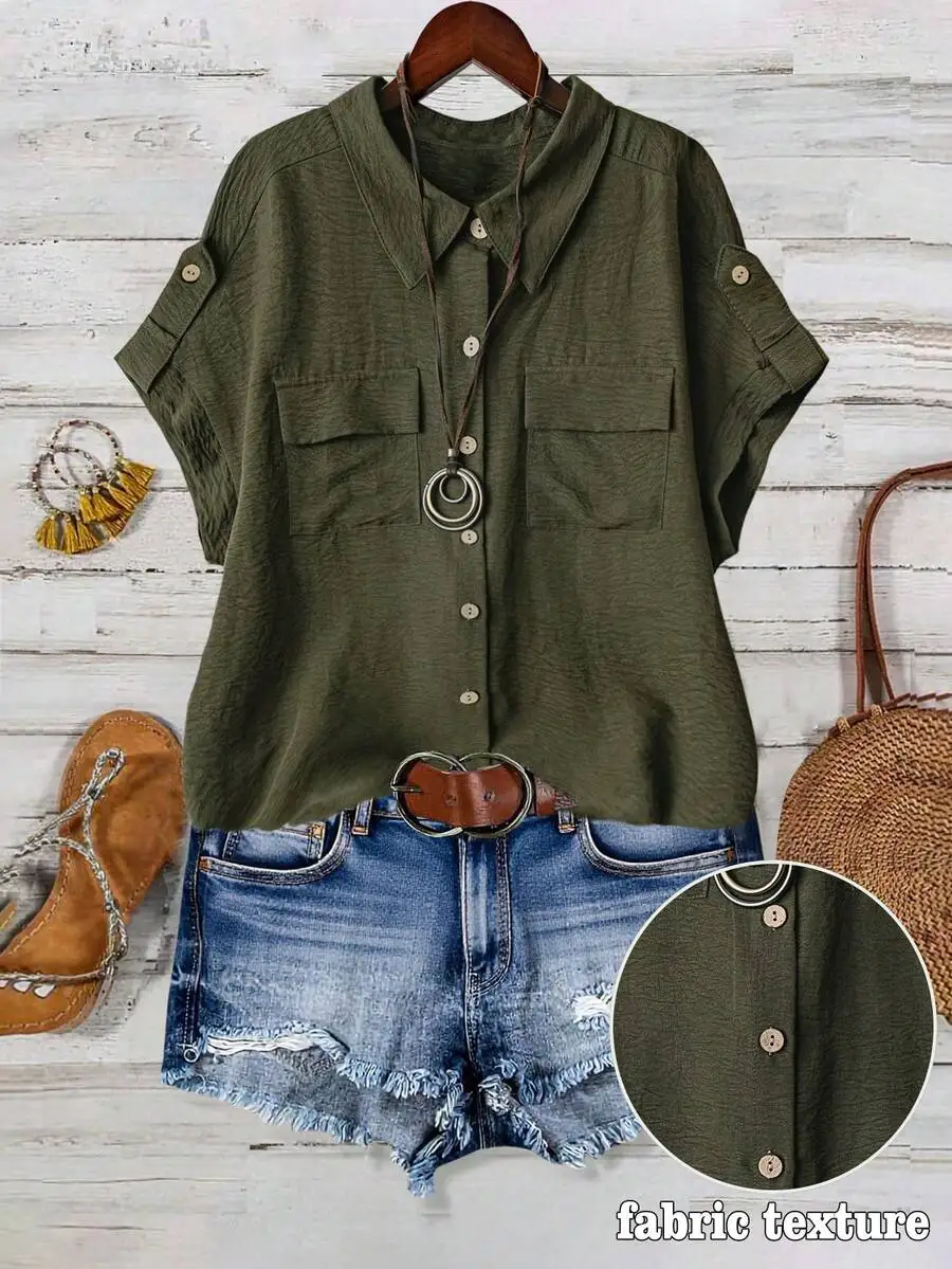 

Olive Green Solid Button Down Short Sleeve Double Pocket Casual Shirt For Women