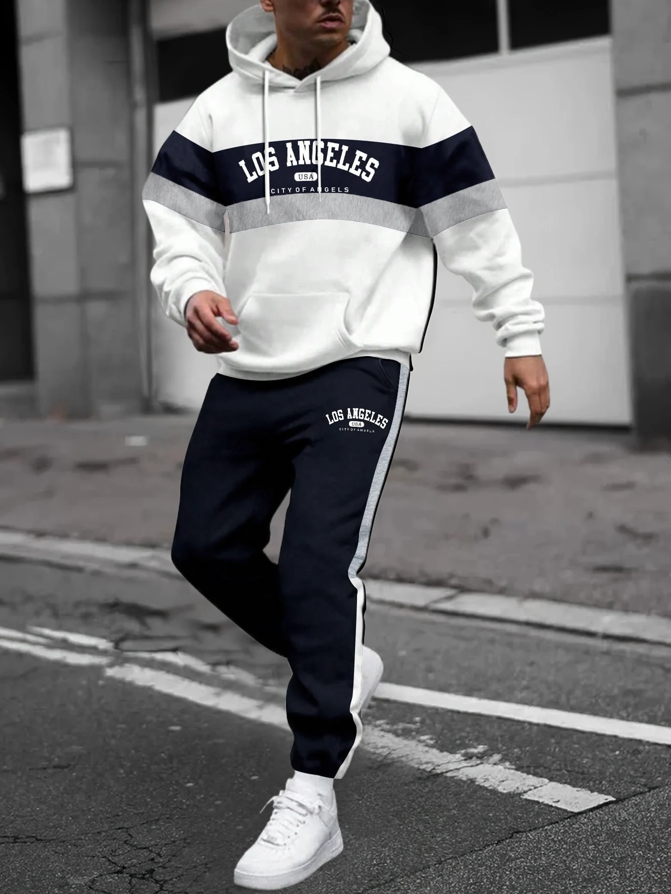 

Men's Letter Print Color Block Hoodie Set Spring Fall Loose Casual Sports Jogger 2 Piece Tracksuit