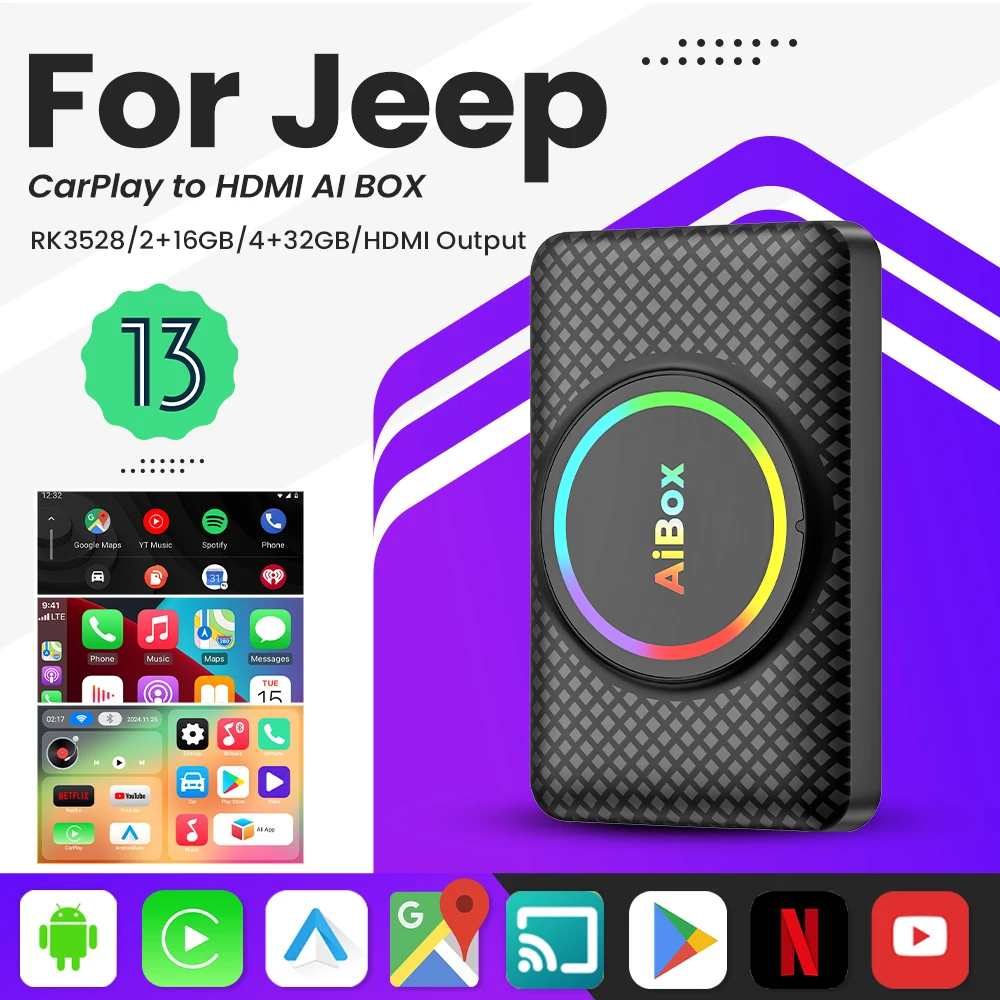 Smart Ai Box Android 13 Wireless Android Auto CarPlay HDMI For Youtube Nexflit Box For Jeep Compass Renegade Wrangler Cherokee