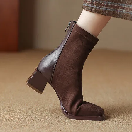 Fashion Thick Heel Short Boots 2024 Winter New Square Headed Suede Short Boots Women Plush Warm High Heels Boots