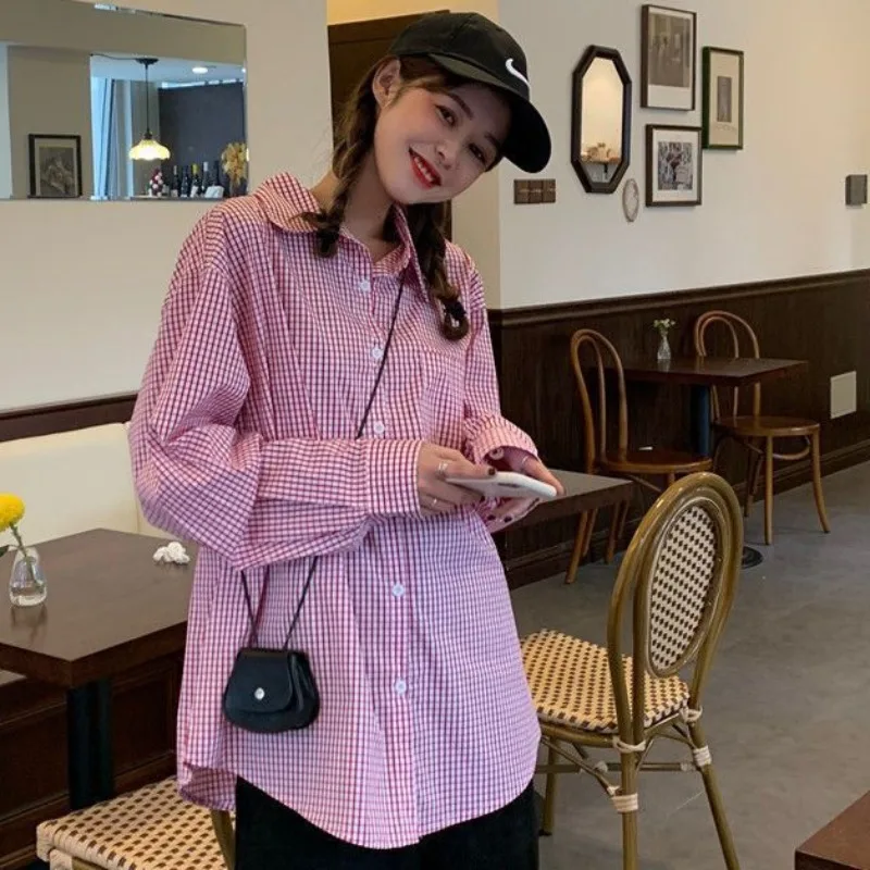 Ins Plaid Shirts Women Red Blue Long Sleeve Students All-match Simple Ulzzang Loose Spring Summer Chic Streetwear Mujer Fashion