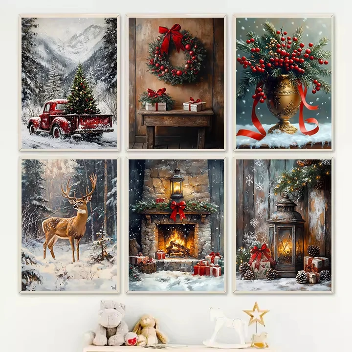 Vintage Red Truck Weihnachtsbaum Rentier Poster Nordic Winter Schnee Szene Kamin Leinwand Malerei Schlafzimmer Wand Kunst Wohnkultur