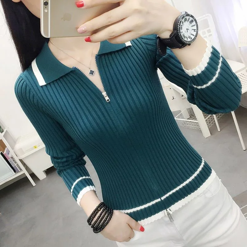 Autumn Spring Style Women Knitted Pullover Tops Lady Casual Zipper V-Neck Knitted Pullover Sweater ZZ0972