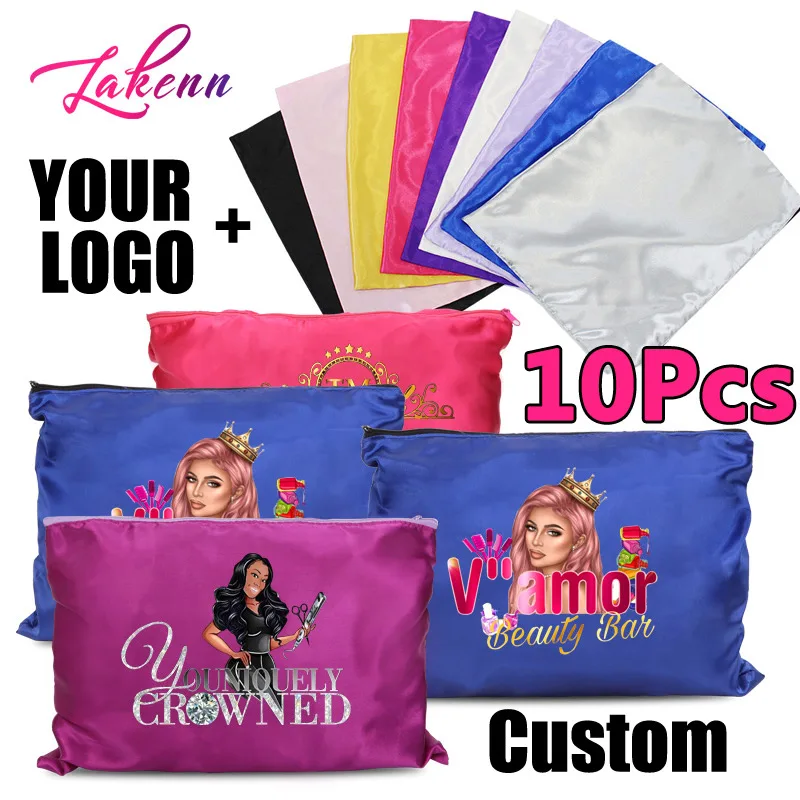 Juego de bolsas para extensiones de cabello con cremallera, paquetes de embalaje para pelucas, bolsas de almacenamiento con logotipo personalizado, 10 unidades