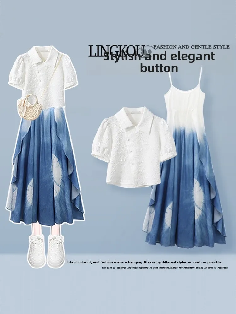 Faionable grande taille tenue d'été femmes nouveau chinois Sle bouton haut T-shirt rétro teint ter Dr deux pièces ensemble