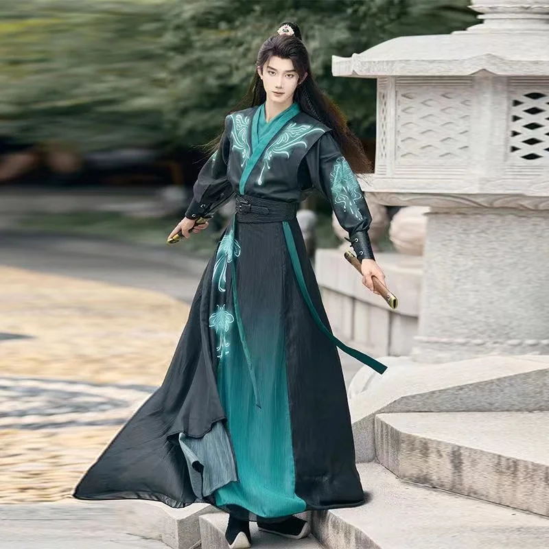 Herren klassische Schwert kämpfer Hanfu chinesische Tang Dynastie fluor zieren den Effekt Druck Kostüm Vintage Mode Held Cosplay Kleidung Junge