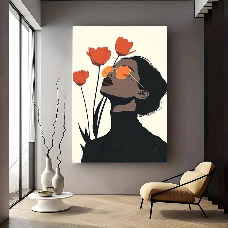 قطعة واحدة من ملصق القماش الحديث الكبير جدًا - ديكور فني جداري بسيط مع توليب برتقالي، صورة امرأة أنيقة - ملصق تنسيق كبير #3