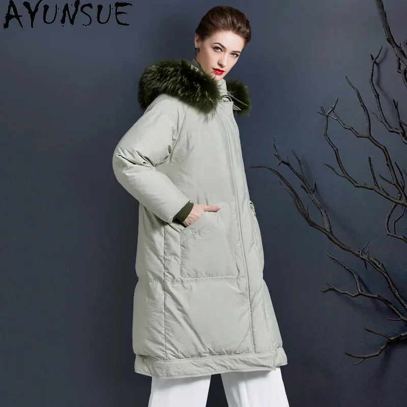 

AYUNSUE Down Jackets for Women Puffer Jacket Warm Raccoon Fur Collar Down Coats Women Fashion Thick Outwears Veste Femme SGG1045