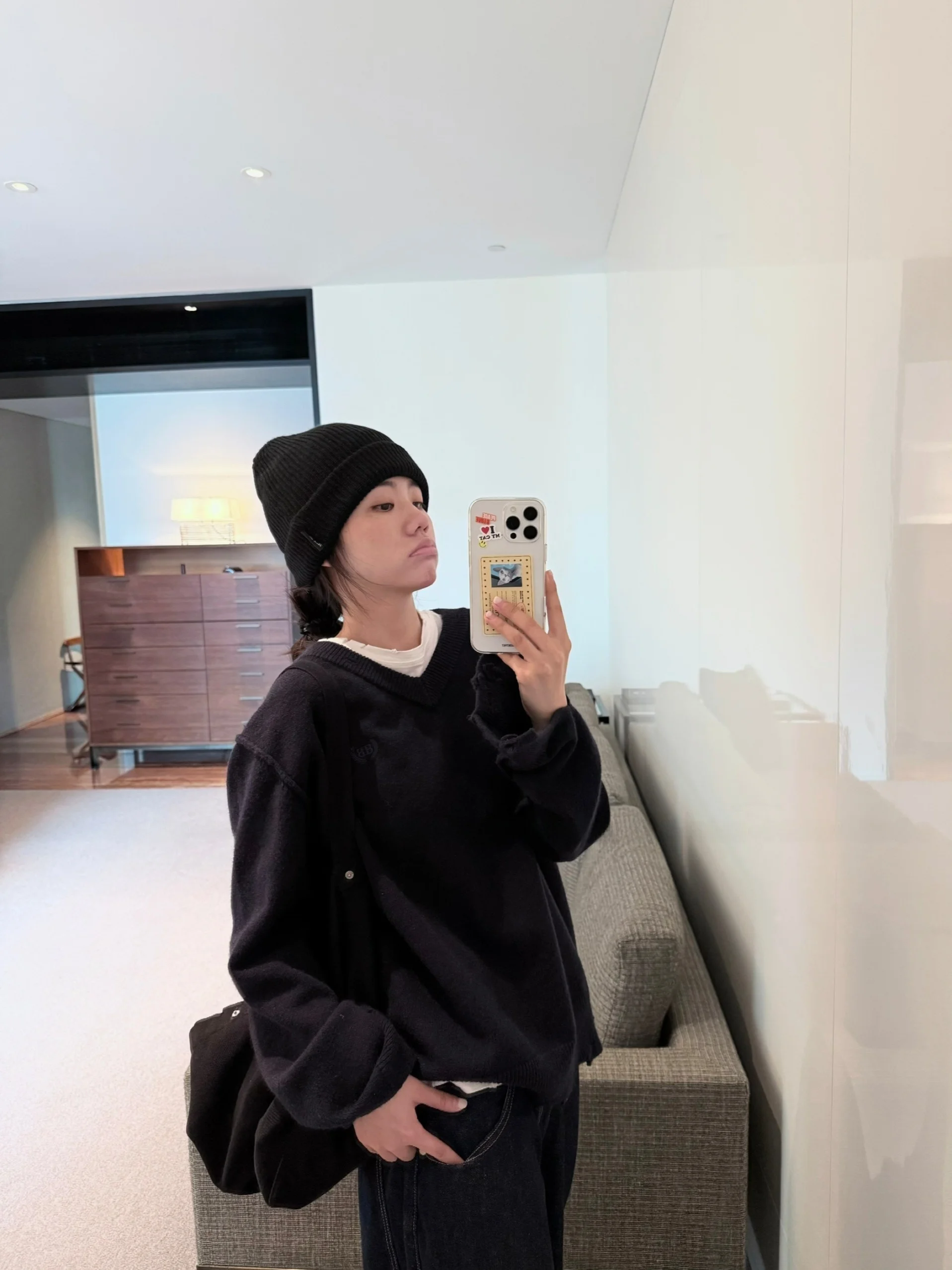 

PEACHZHOU Casual Wool Blend V-Neck Sweater Embroidered Loose Fit Autumn Winter Women's Knitwear Torn Hem Barley Sprout BB