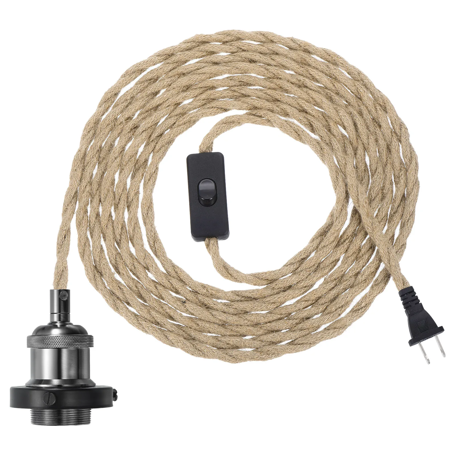 15.4Ft Pendant Light Cord Kit Plug in E26 Socket Hanging Light with Switch Wire Vintage Twisted Hemp Rope Bulb Socket Cord Cable