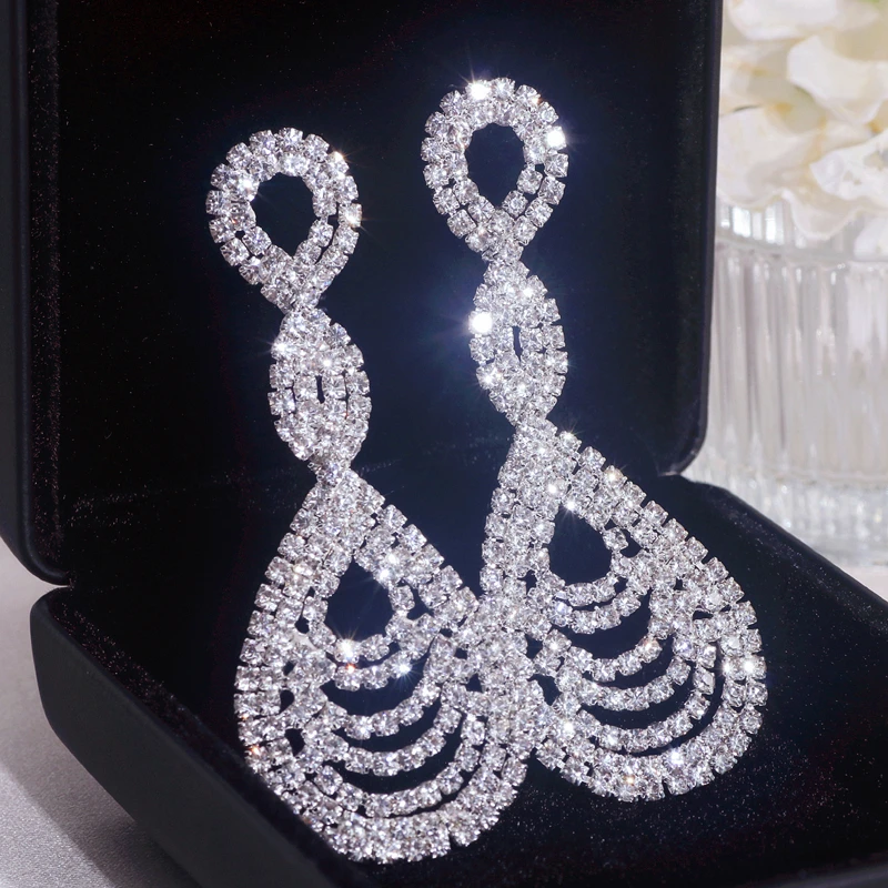 Classic Fashion Water Drop Earrings for Women Shiny Full Rhinestone Geometric Dangle Earrings Female Party Jewelry Accessories