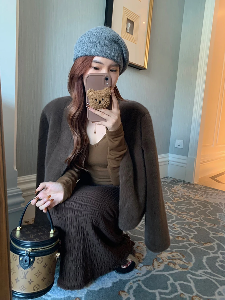 

Женское классическое пальто Gao Ti Xiong Pi Fur Jaet с V-образным вырезом, гладкое, молодежное, модное, зимнее, приталенное, с высокой талией