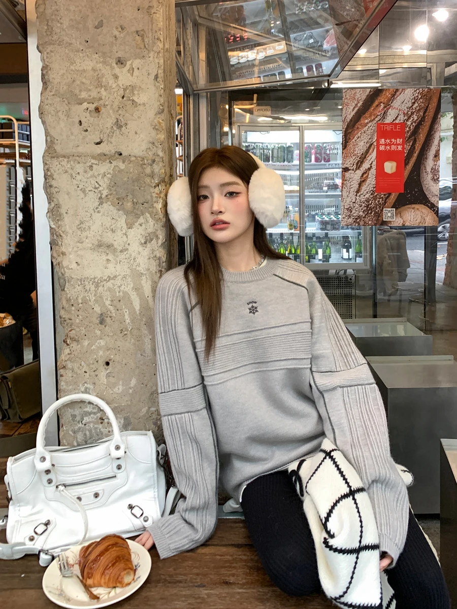 

Korean Style Gray Embroidered Sweater Sweater Feminine Autumn Wear Loose Sweatshirt Top