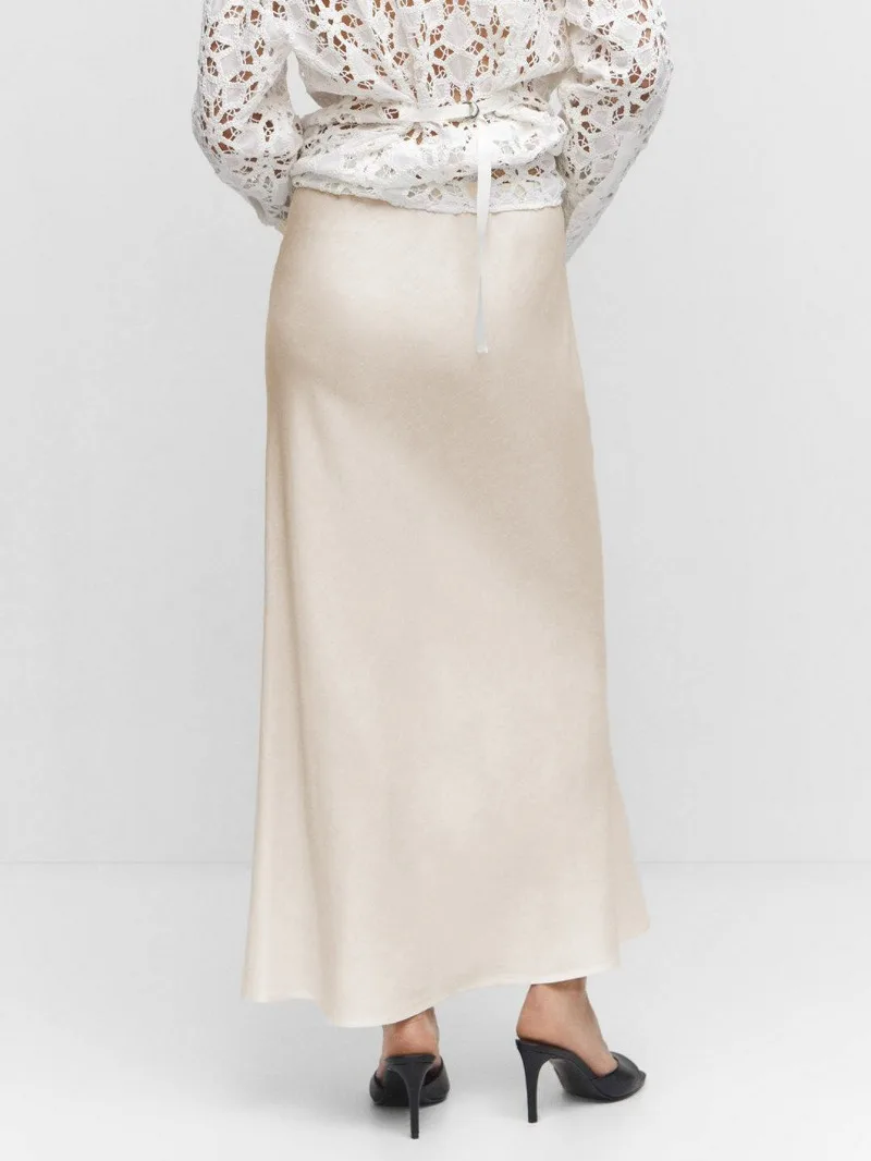 2026 Spring Summer Solid Color Satin Long Skirt For Women High Waist Lace-Up Fashion Elegant Faldas Light Luxury Women's Skirt