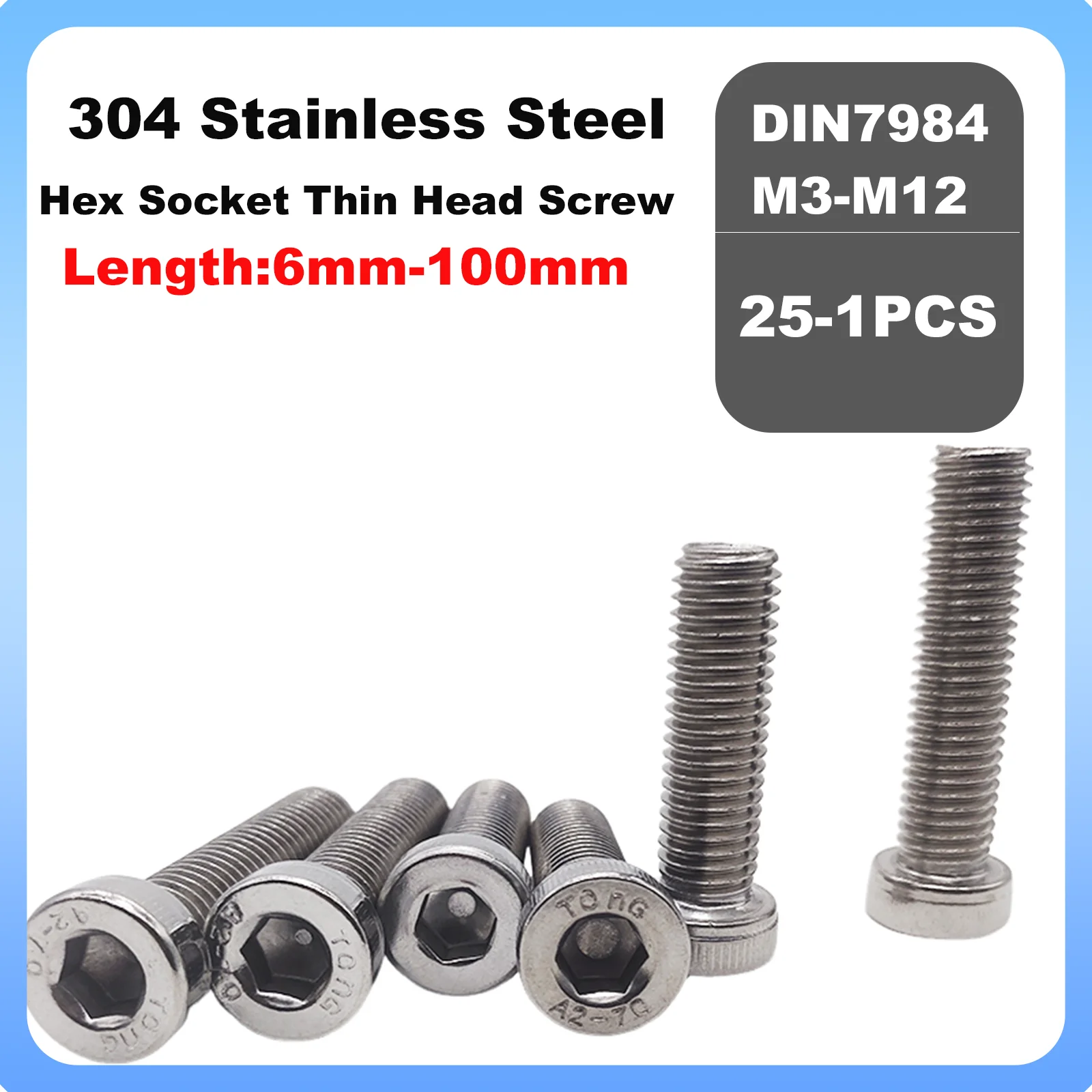 304 Stainless Steel Hex Socket Thin Short Low Cap Head Screw M3-M12 DIN7984 Hexagonal M3 M4 M5 M6 M8 M10 M12 Screws 1-25PCS