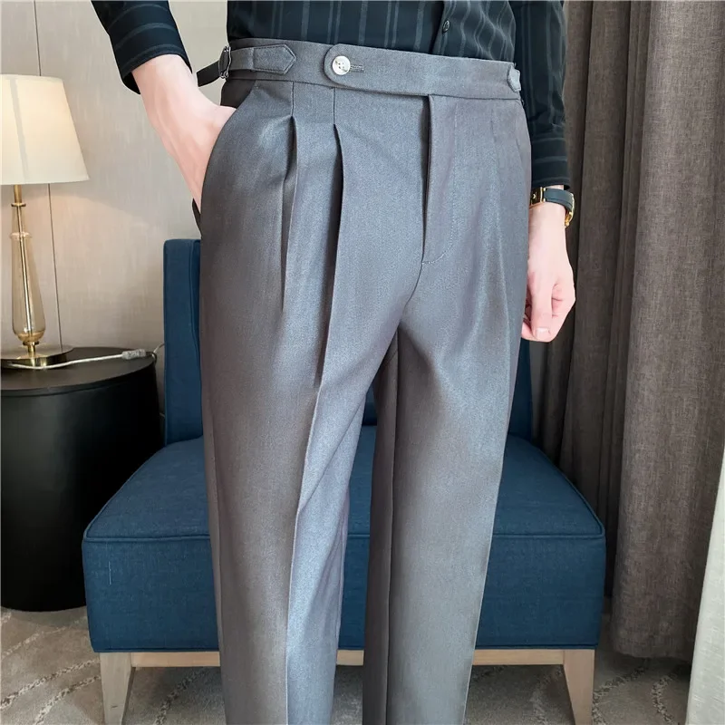 New Mens Dress Pants Fashion Social Belt Decoration Slim Fit British Style Trousers Male High Waist Casual Business Dress Pants