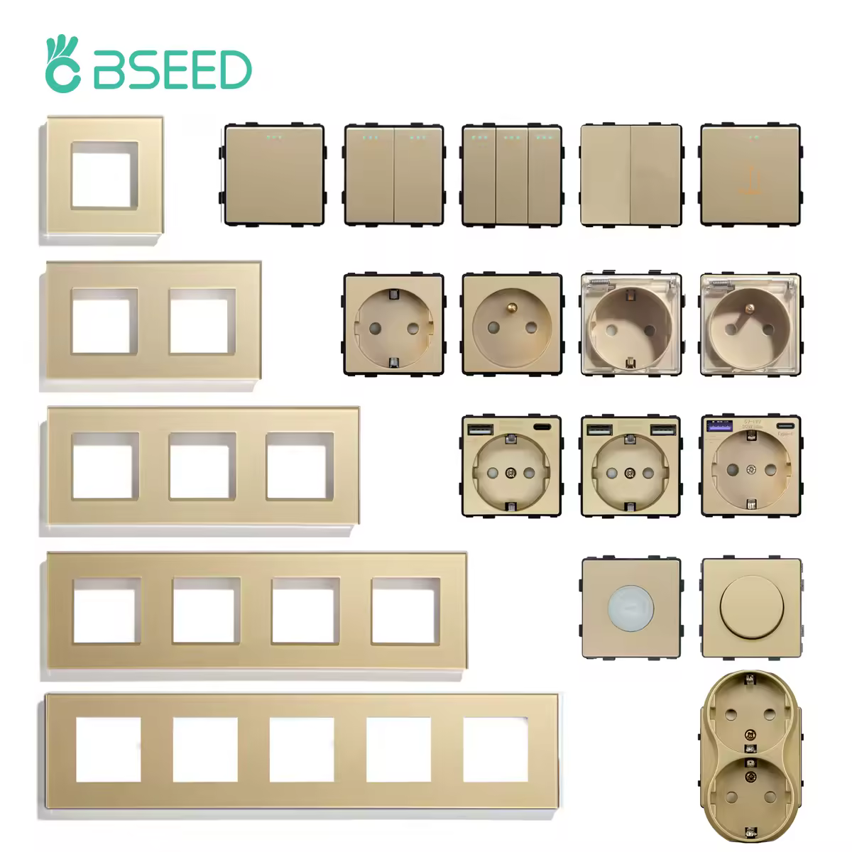 Модуль настенного выключателя BSEED, соответствующий стандарту ЕС, для электрических розеток, кнопочный выключатель, функциональная часть для самостоятельной сборки, стеклянная панель, свободное размещение, золотистый цвет.