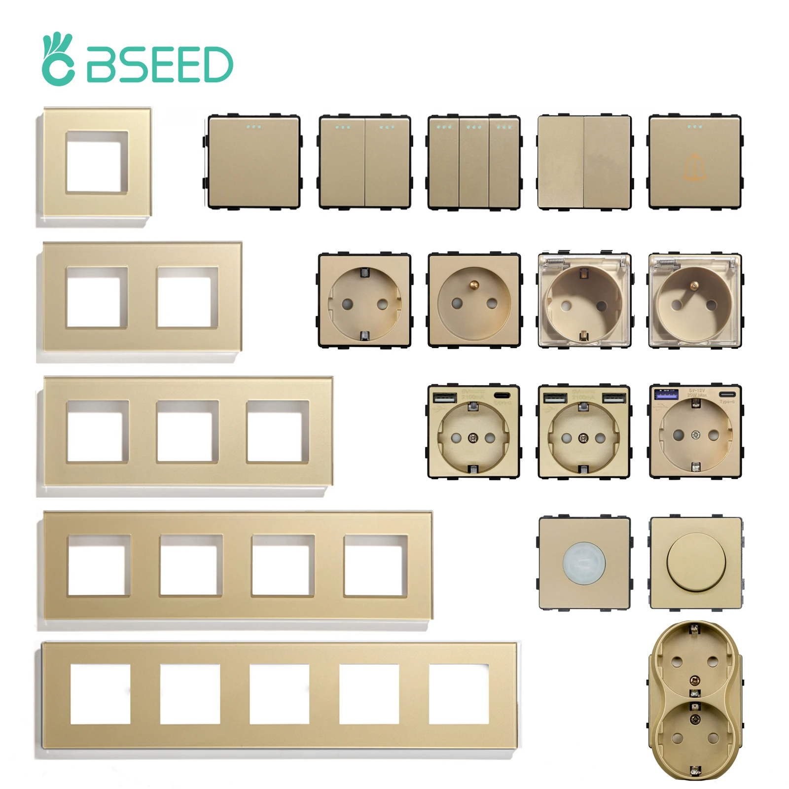 BSEED Standard UE Moduł włącznika światła naściennego Gniazdka elektryczne Przełącznik przyciskowy DIY Część funkcjonalna Panel szklany Bezpłatna kolokacja Złoto