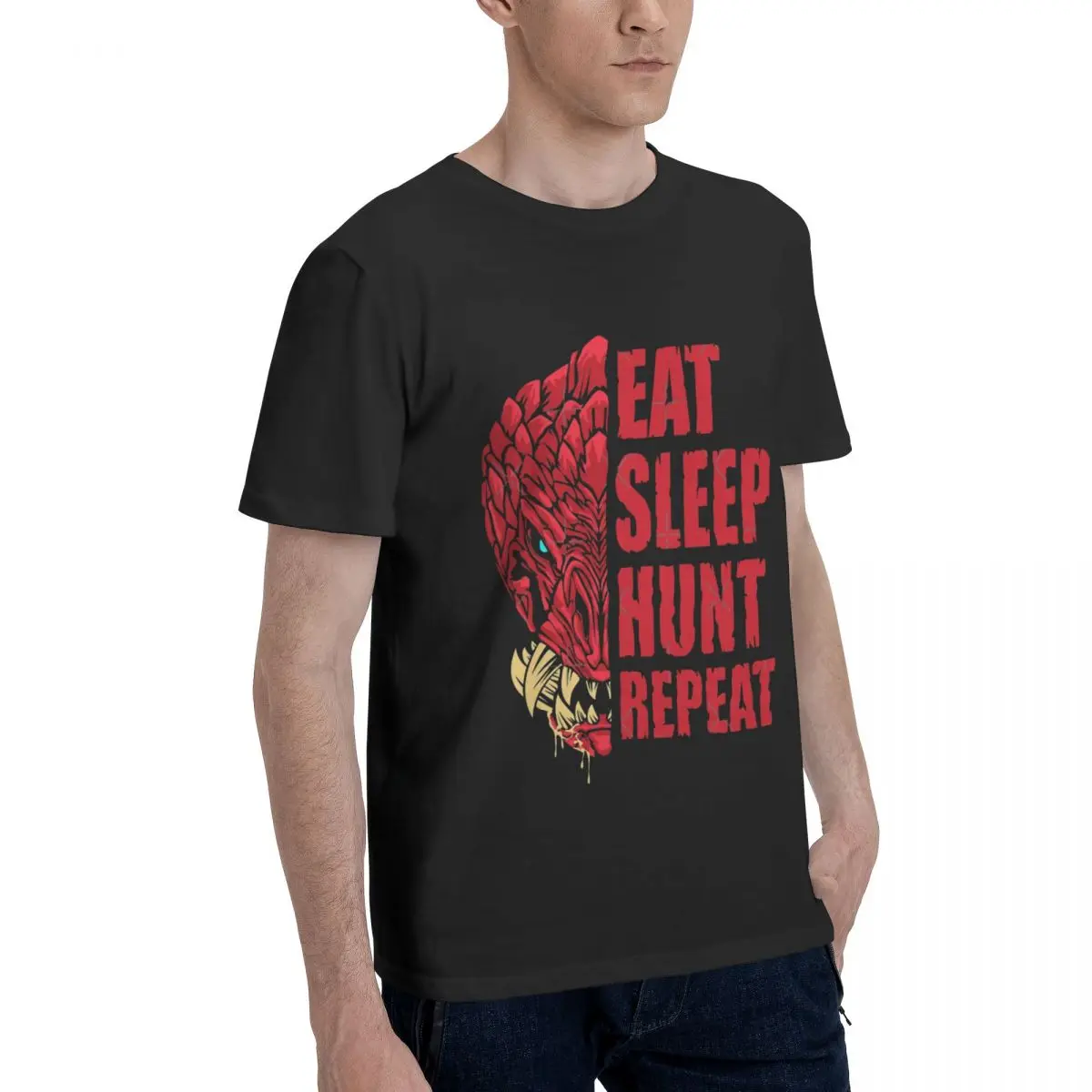 Eat Sleep Hunt Repeat Odogaron Men's Short Sleeve Standard T-Shirt Office ChristmasFashionable Versatile T-Shirt