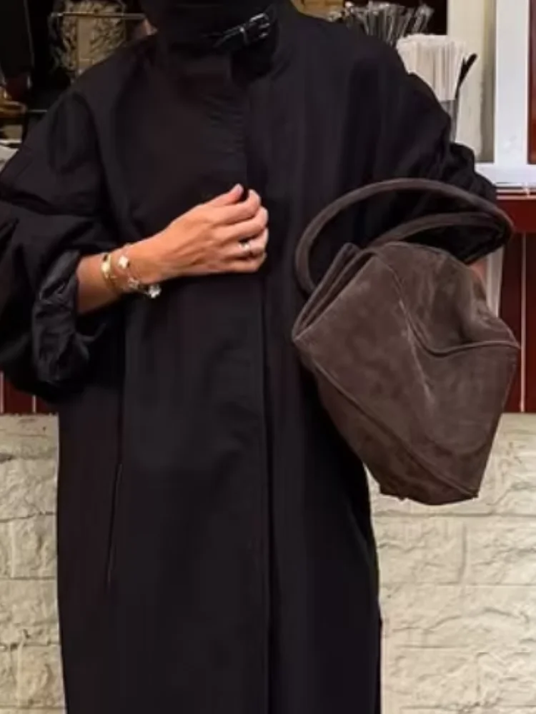 Women Black Long Stand Collar Trench Overcoat High Neck Oversized Dropped Shoulder Long Sleeve Garment Spring Autumn Outerwear