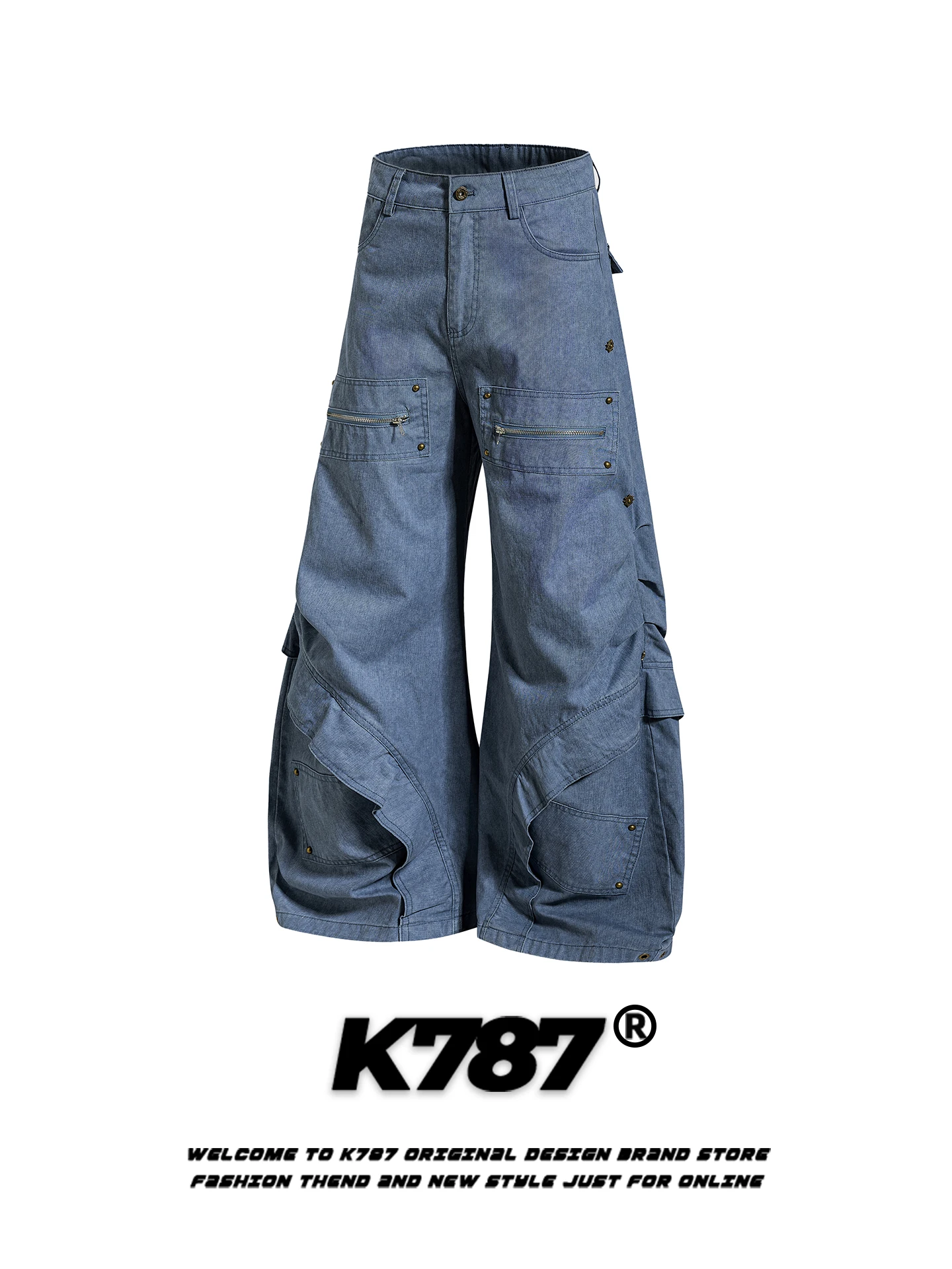 

K787 American Retro Multi-ket Faded Knife Work Pants High Waist Wide Leg Floor-Length Trousers for Men And Women