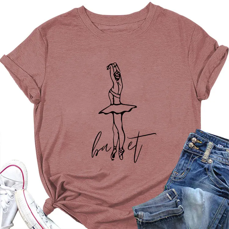 Trend Everything ballet Dance Girl printed T-shirt Summer casual crew neck short sleeve top loose jumper