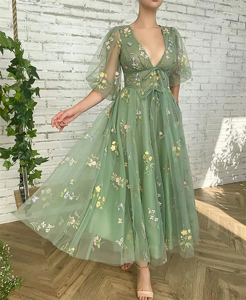 

Korean Style Floral Tulle Puffy Sleeve Mori Girl Dresses for Women Sexy Open V Neck A-line Formal Evening Party Prom Gowns